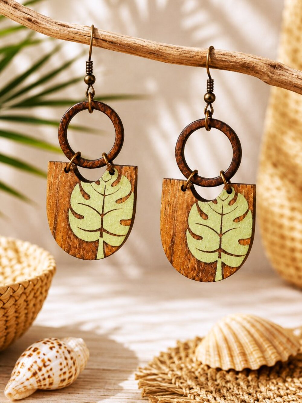 Woodgrain Monstera Leaf Earrings Boho Wooden Hoop Nature Botanical Rustic